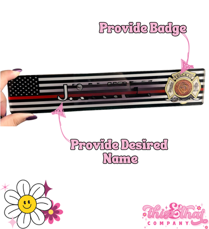 Thin Red Line Acrylic Name Plaque | Custom Firefighter Name Plate | Locker Name Tag