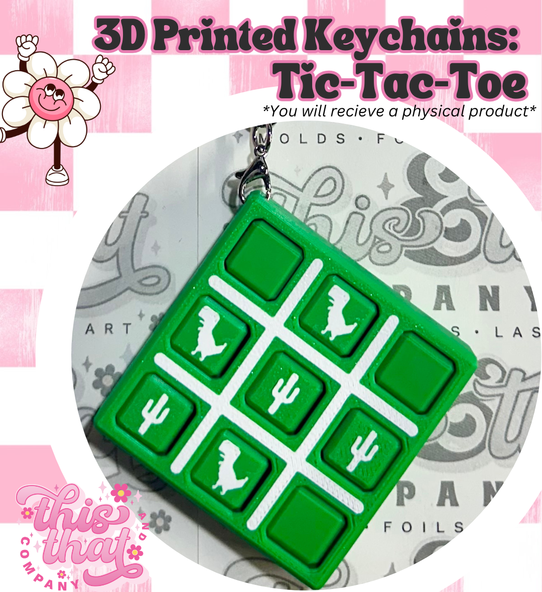 3D Print | 3D Printed | Tic Tac Toe Keychain | FULLY CUSTOMIZABLE | Dino & Cacti Markings